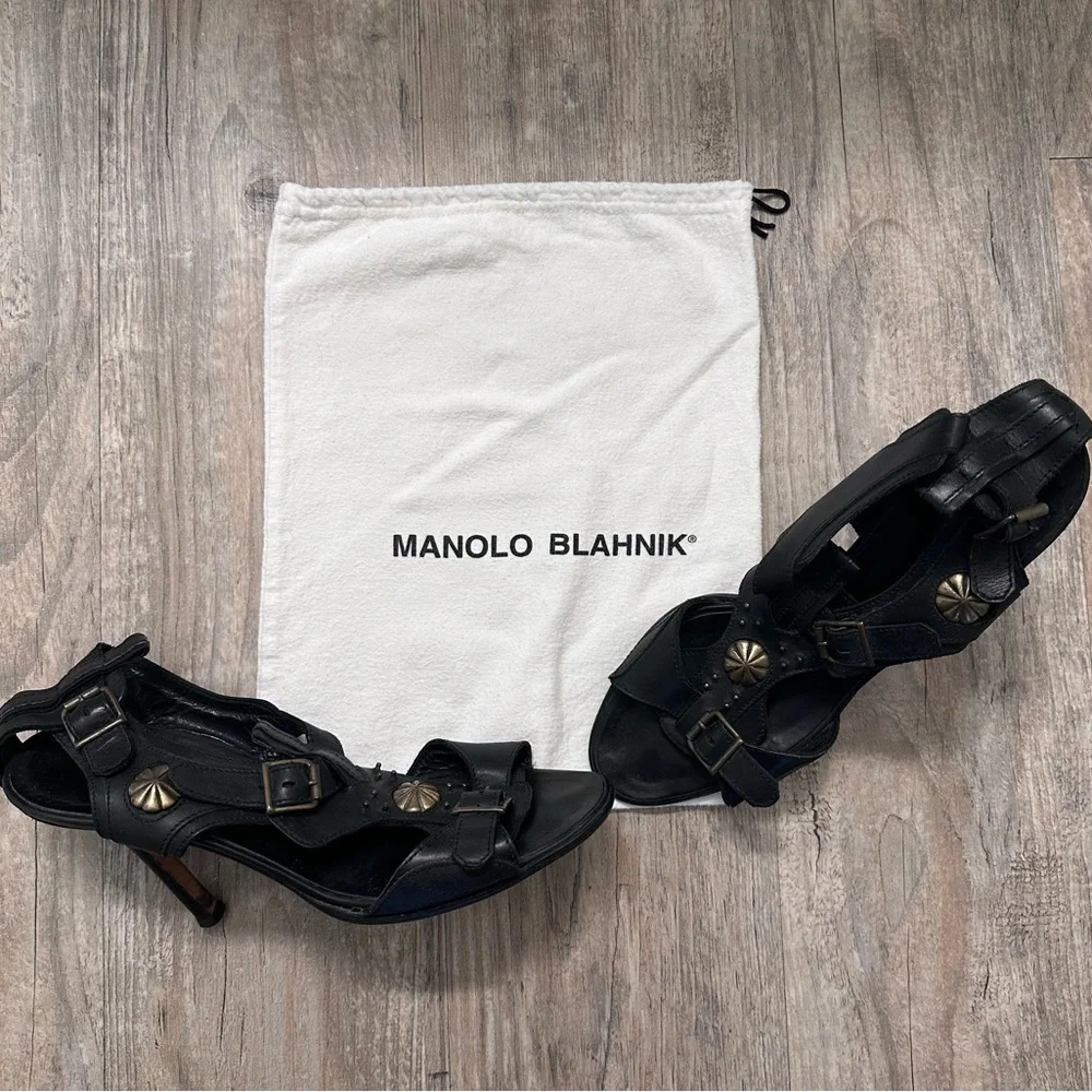 Manolo Blahnik Black Leather Buckle Sandals Brass Medallion Vintage Heels